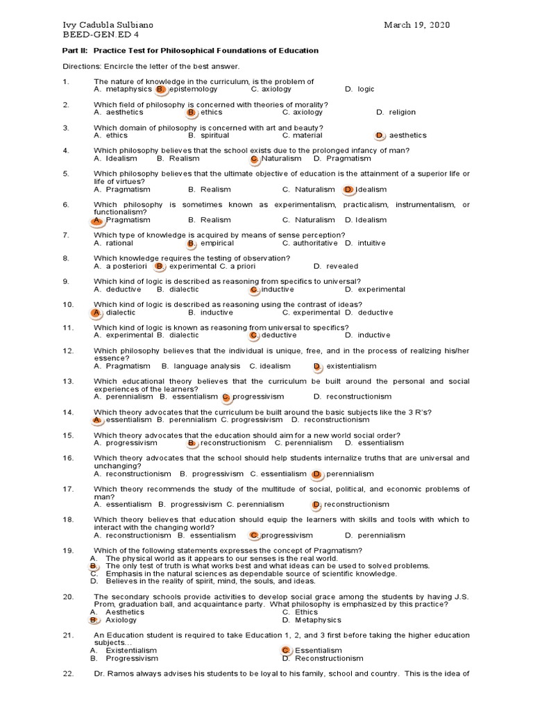 Philosophy of Education Practice Test | PDF | Pragmatism | Reason