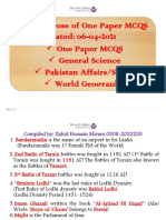 Today's Dose of One Paper MCQS Dated: 06-04-2021 One Paper MCQS General Science Pakistan Affairs/Study World Geography