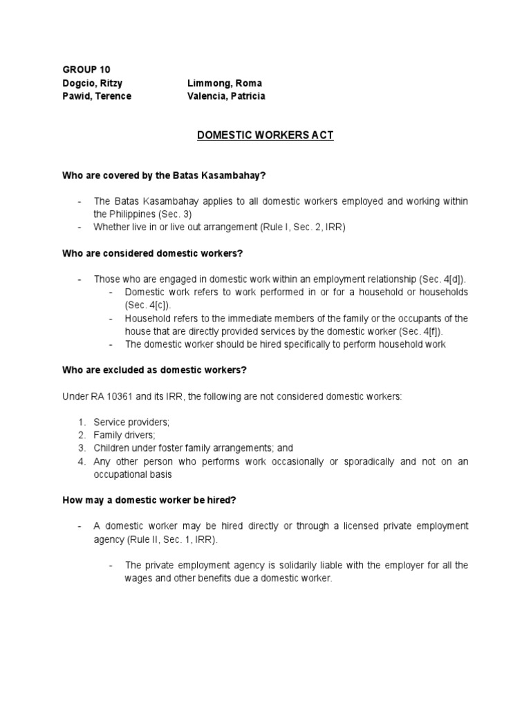 Domestic Workers Act Pdf Domestic Worker Employment