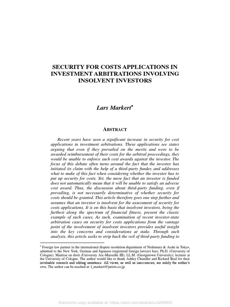 Lars Markert, SECURITY FOR COSTS APPLICATIONS IN PDF Costs In English Law Arbitration