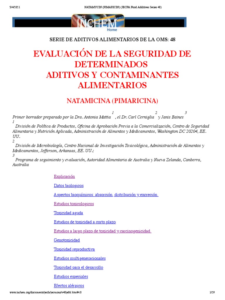 Informe Inchem NATAMYCIN (PIMARICIN) (JECFA Food Additives Series 48