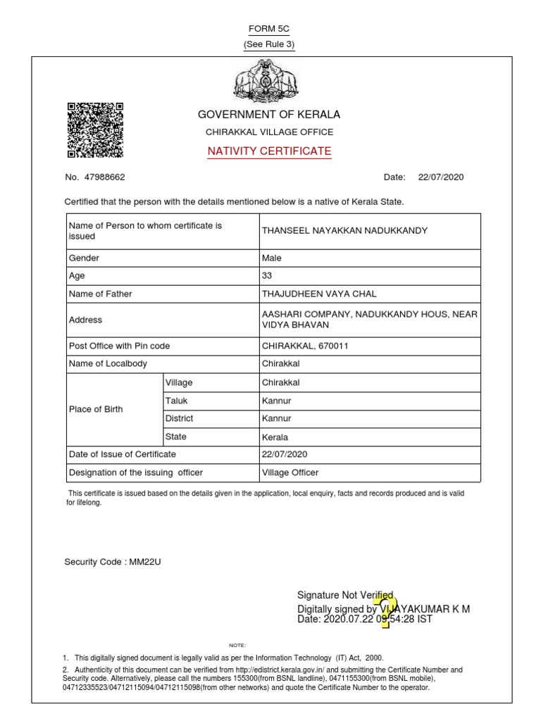 Government of Kerala Nativity Certificate Download Free PDF