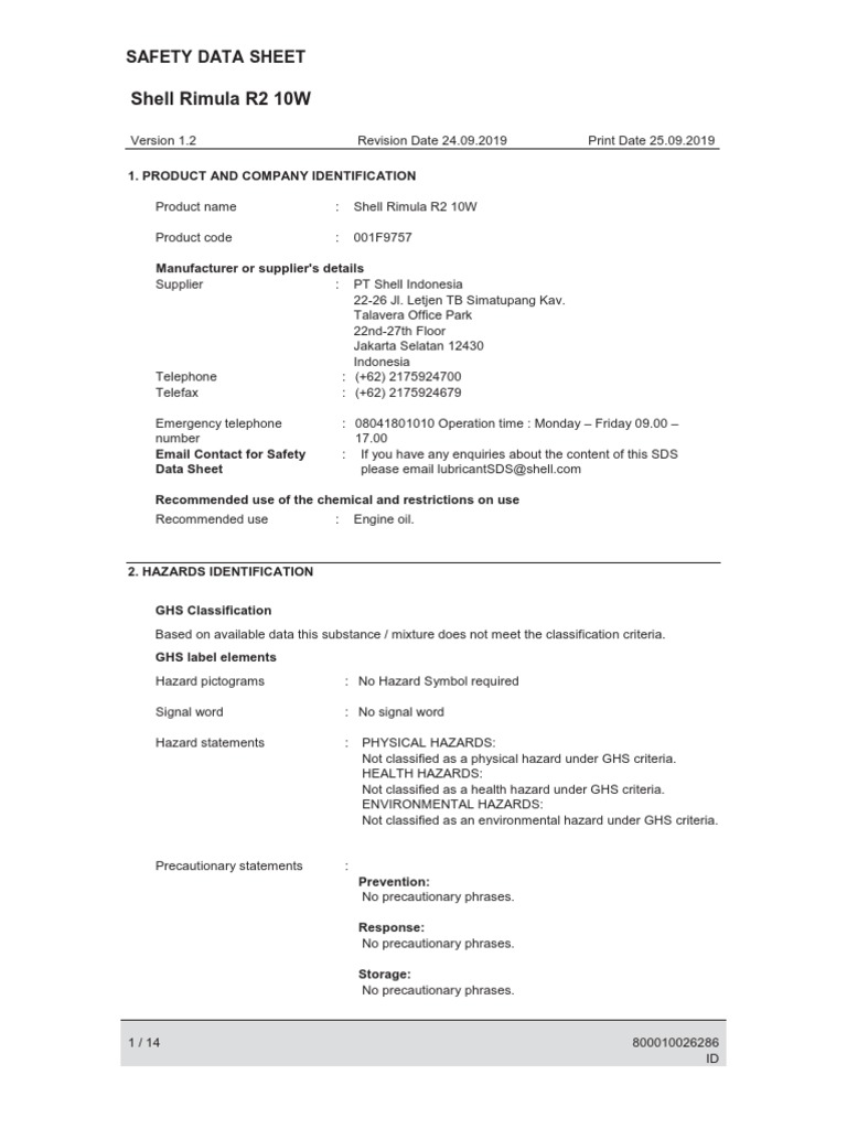 Shell Rimula R2 10W MSDS English | PDF | Personal Protective Equipment ...