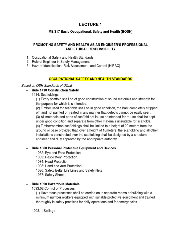 ME 317 Basic Occupational, Safety and Health (BOSH) Based On OSH