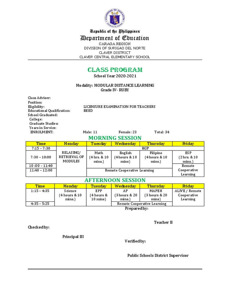 Class Program Template A4 Size | PDF | Test/Examination | Further Education