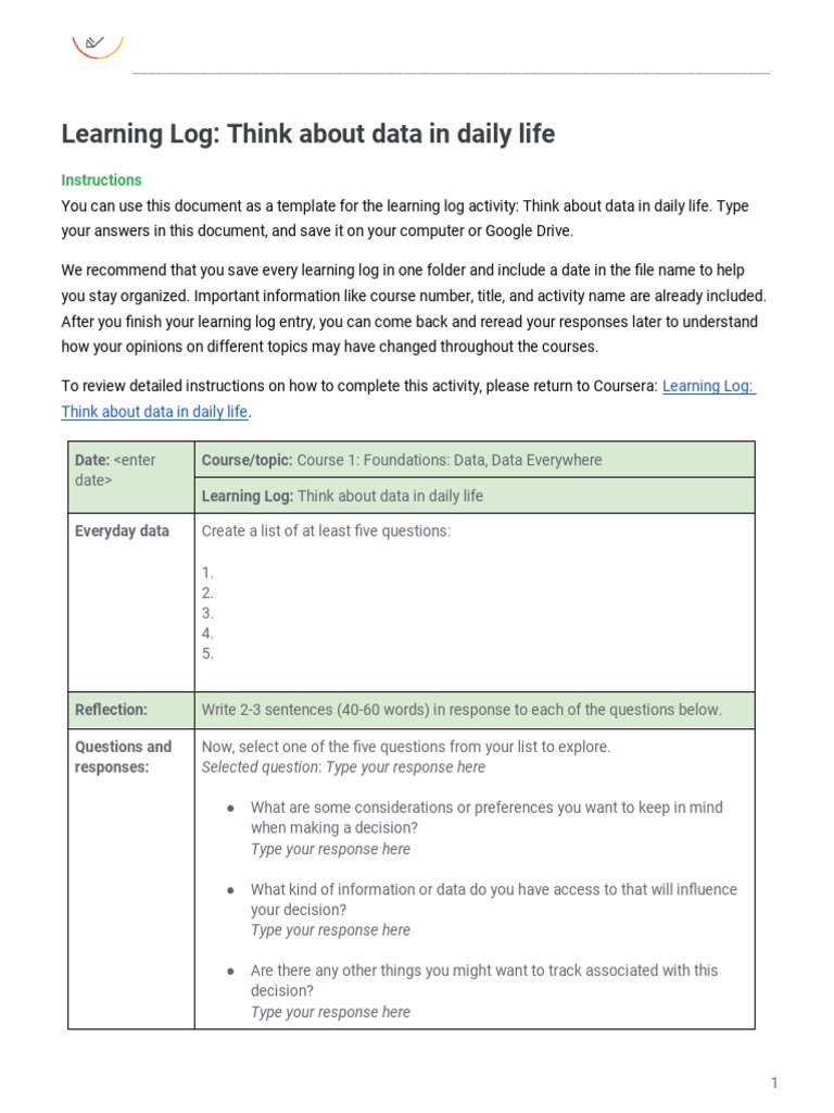 Dnykxij4tlicpmsi Dy4dg Learning Log Template Think About Data In Daily Life Pdf
