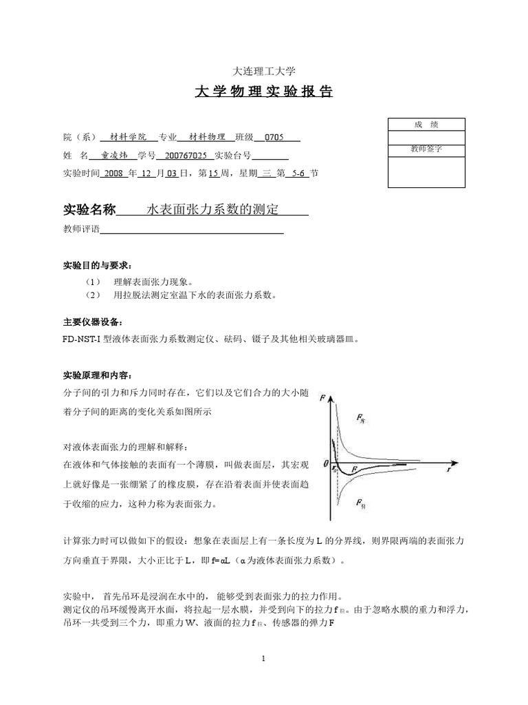 水表面张力系数的测定实验报告（来自共享群：336791748） | PDF