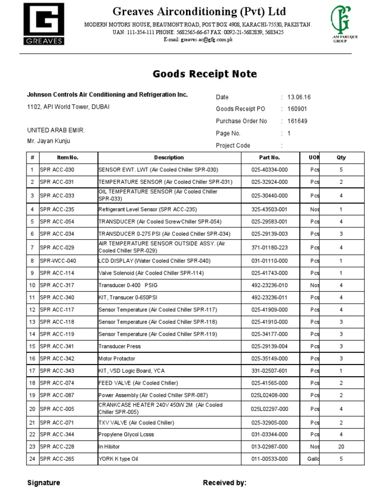 Goods Receipt Note Johnson Controls Air Conditioning and Refrigeration