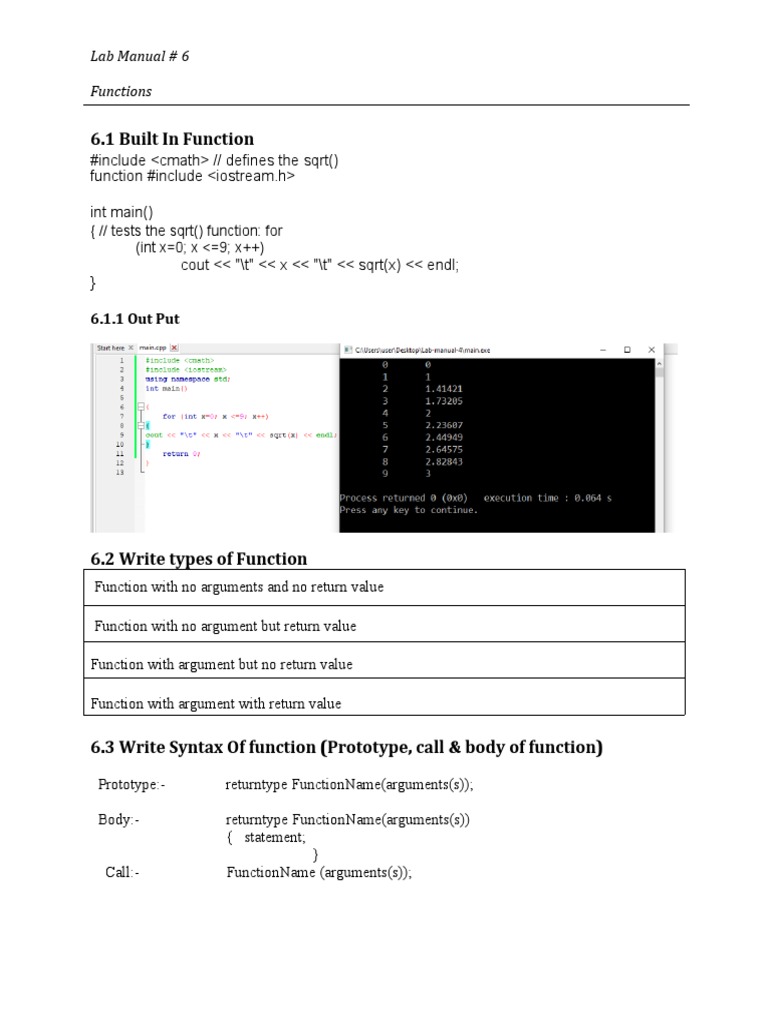 6.1 Built in Function: Lab Manual # 6 Functions | PDF | Parameter ...