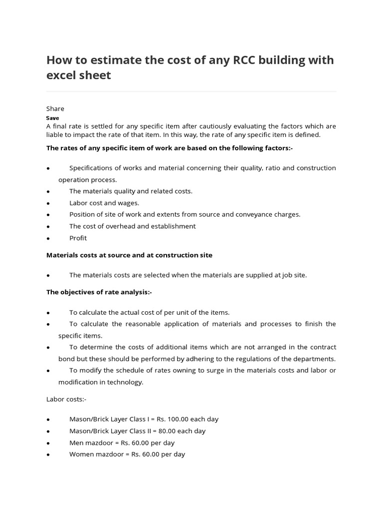 How To Estimate The Cost of Any RCC Building With Excel Sheet | PDF ...
