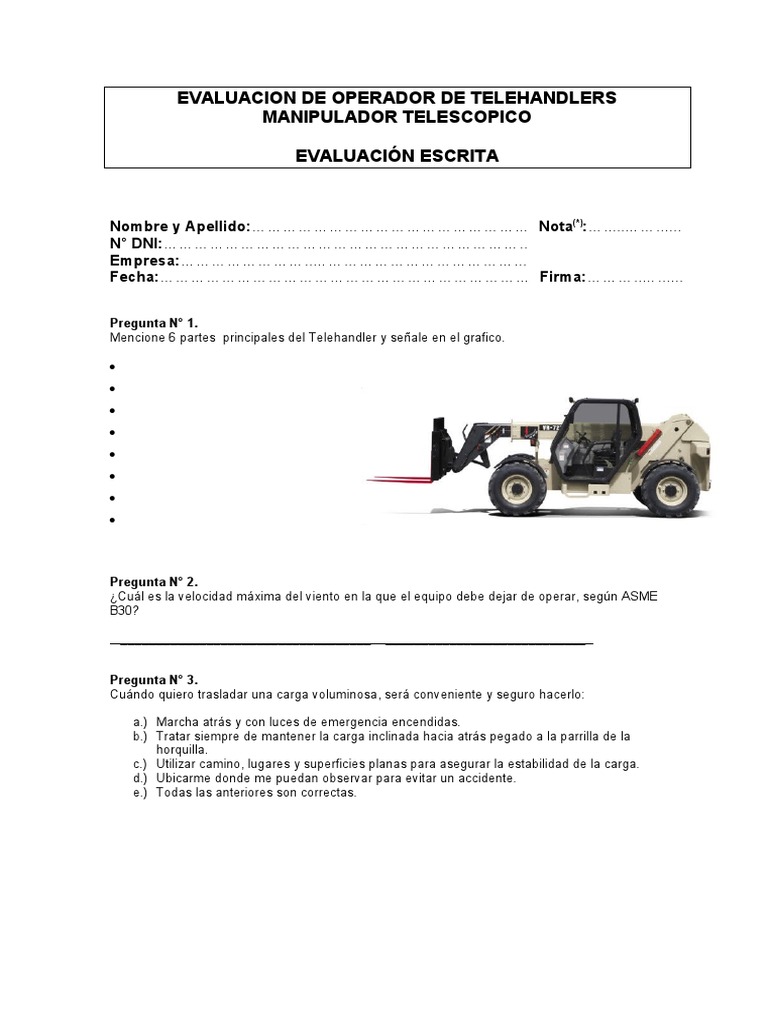 Evaluación de Operador de Telehandler | PDF