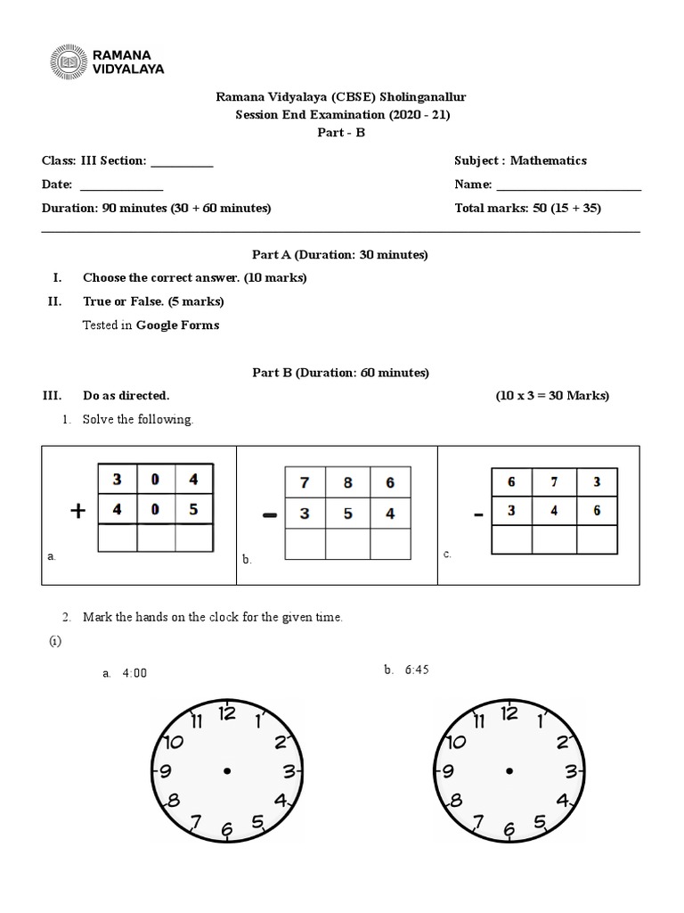 Grade 3 Maths Exam Paper 2020-21 | PDF | Teaching Mathematics