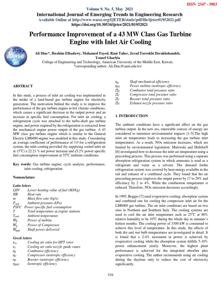 Inlet Air Cooling for Gas Turbines | PDF | Gas Turbine | Engines