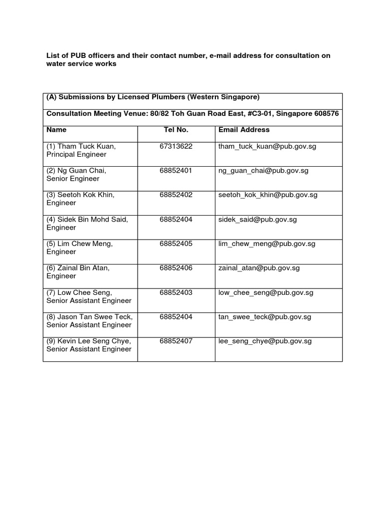 PUB Officers Contact List for Plumbers | PDF | Singapore | World Politics