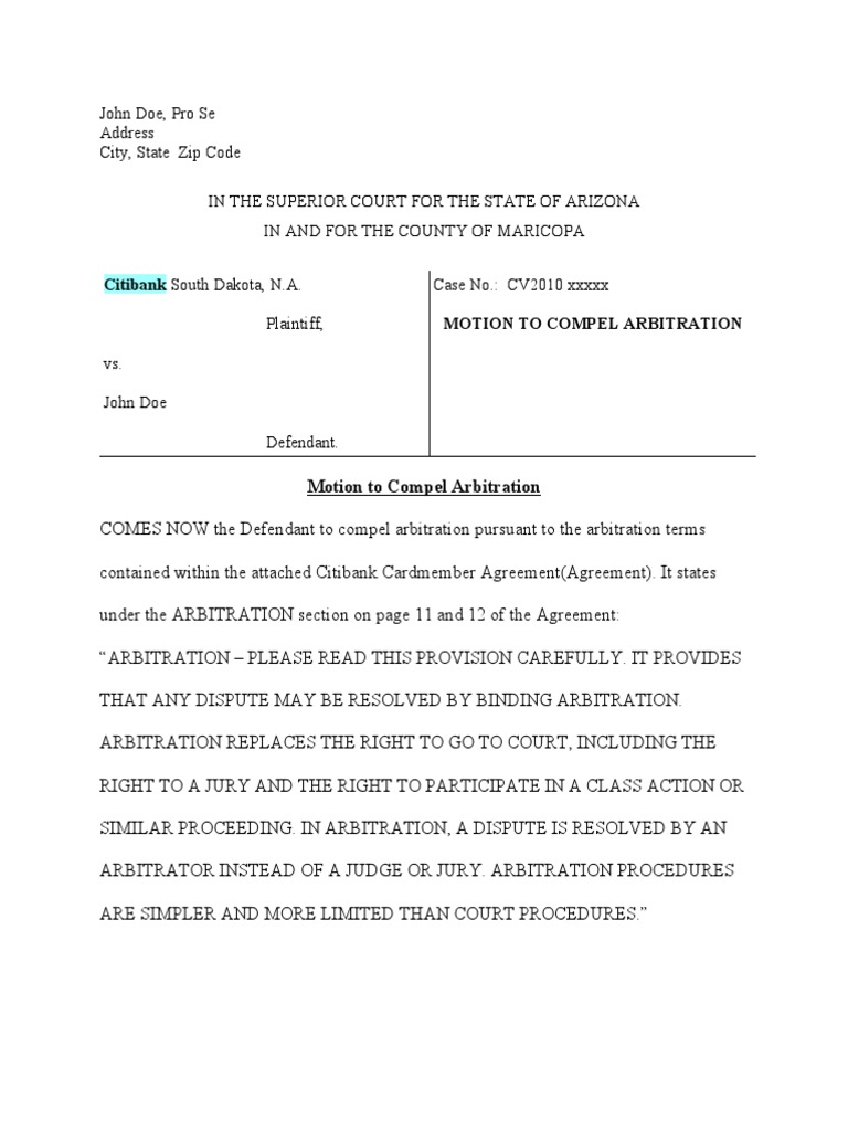 Compel Arbitration Sample PDF Arbitration Lawsuit