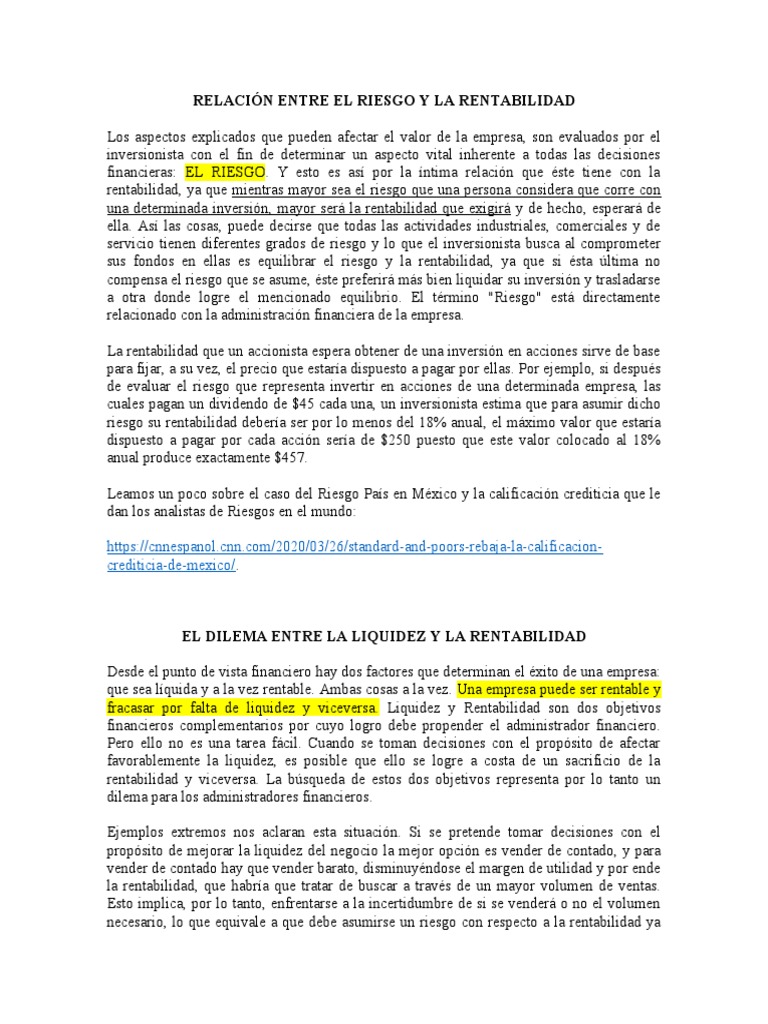 Riesgo y Rentabilidad en Inversiones | PDF | Liquidez de mercado ...