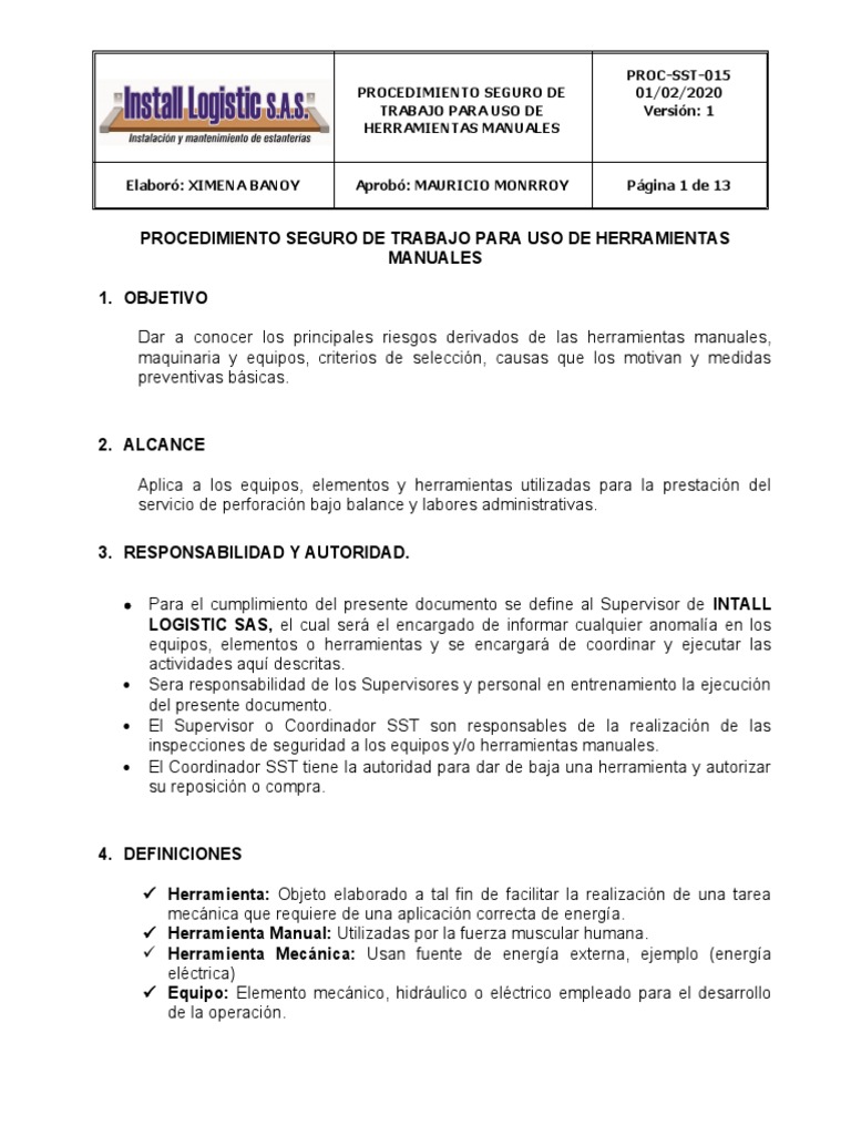 Procedimiento Seguro para Herramientas Manuales | PDF | Herramientas ...
