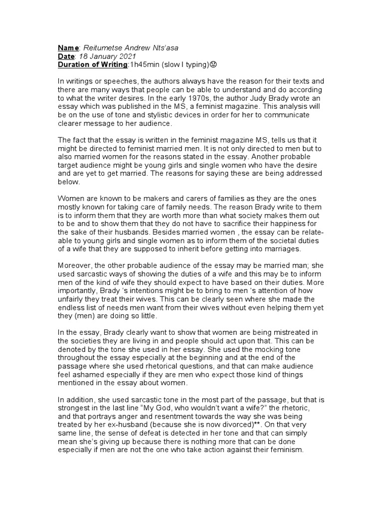 I Want A Wife Analysis PDF Feminism Gender Studies