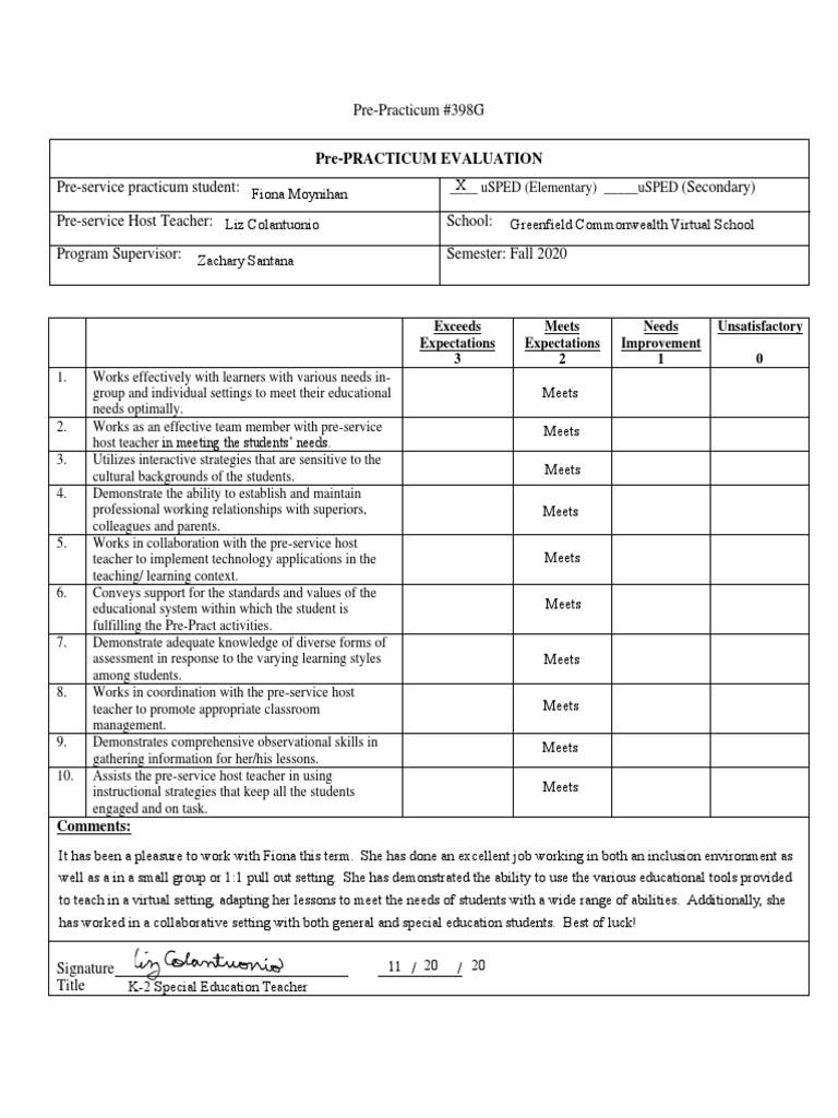 Fiona Moynihan Fall 2020 Pre-Practicum Evaluation Form | PDF | Special ...
