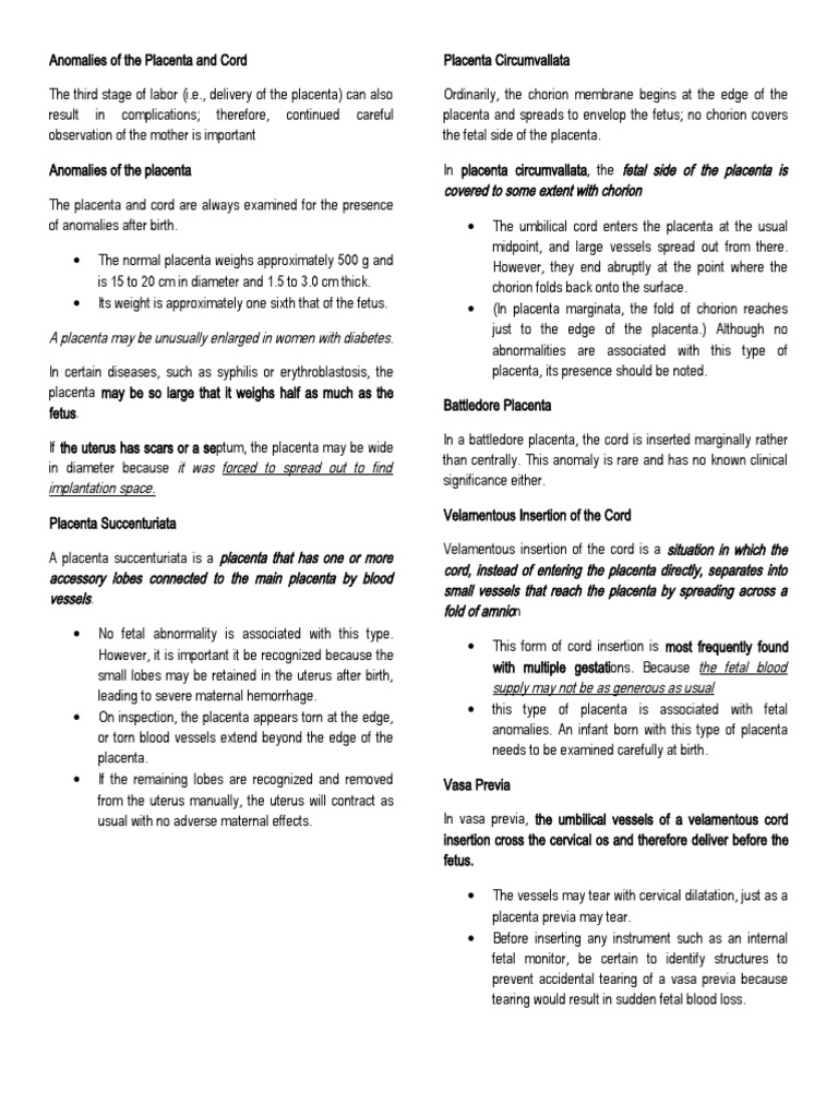 Placenta and Cord Anomalies Overview | PDF | Placenta | Fetus