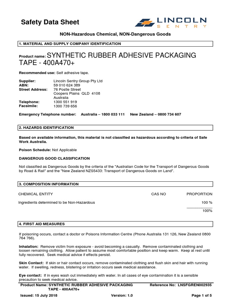 Synthetic Rubber Adhesive Packaging TAPE 400A470+ Safety Data Sheet