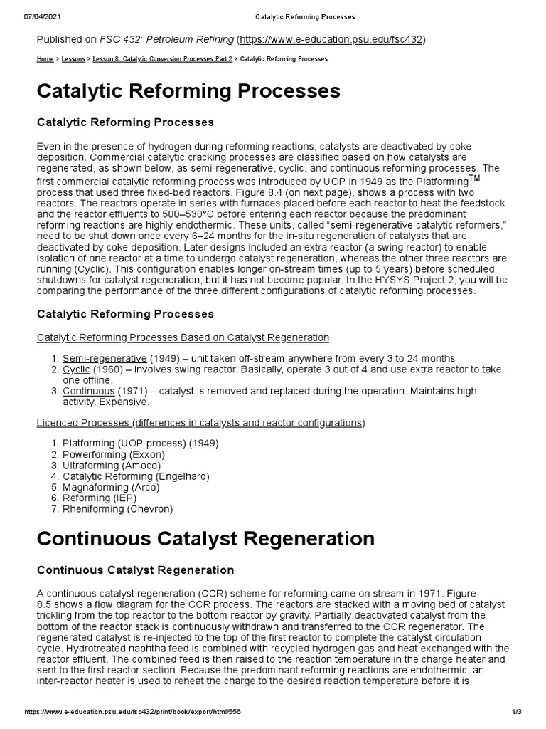 Continuous Catalytic Reforming Overview | PDF | Chemical Reactor ...