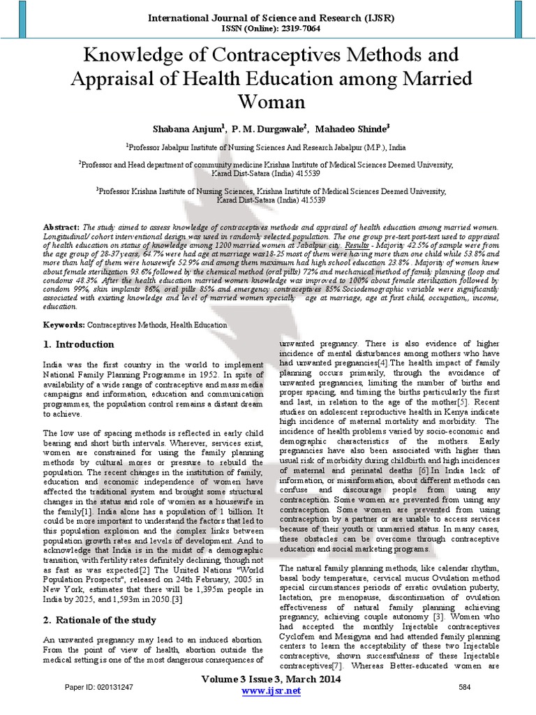 Knowledge of Contraceptives Methods and Appraisal of Health Education