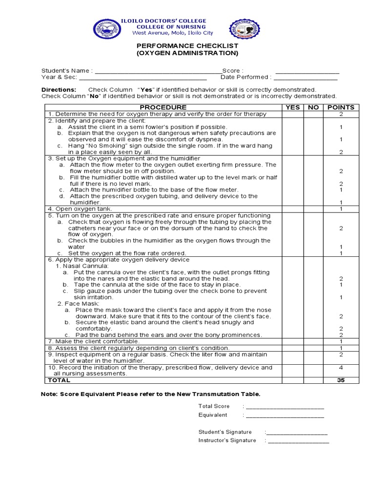 Oxygen Administration Checklist 1 PDF Equipment Clinical Medicine