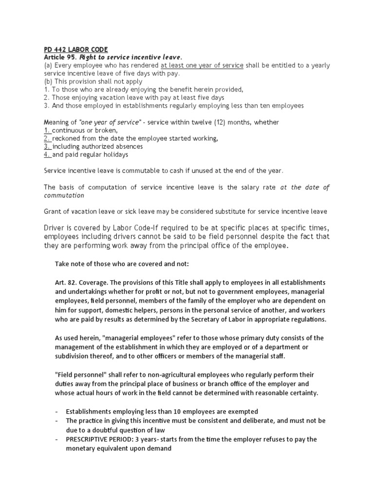 PD 442 Labor Code Article 95. Right To Service Incentive Leave ...