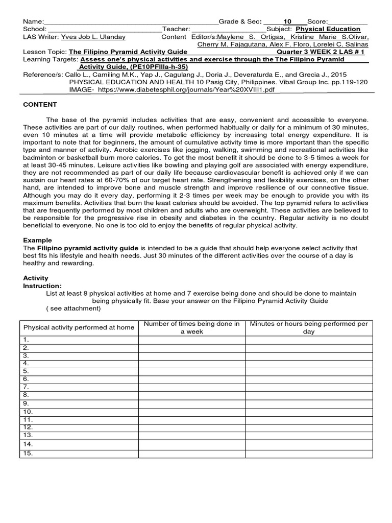 Filipino Pyramid Activity Guide | PDF | Determinants Of Health | Recreation