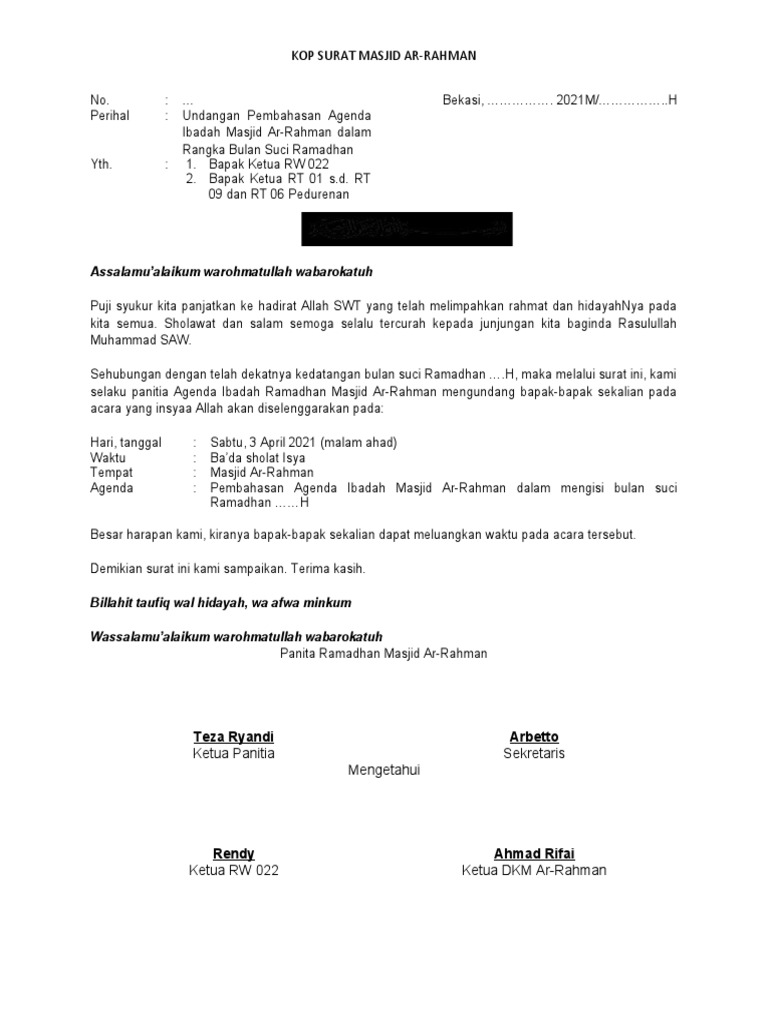 Format Surat Undangan Rapat Ramadhan Masjid Ar-Rahman | PDF