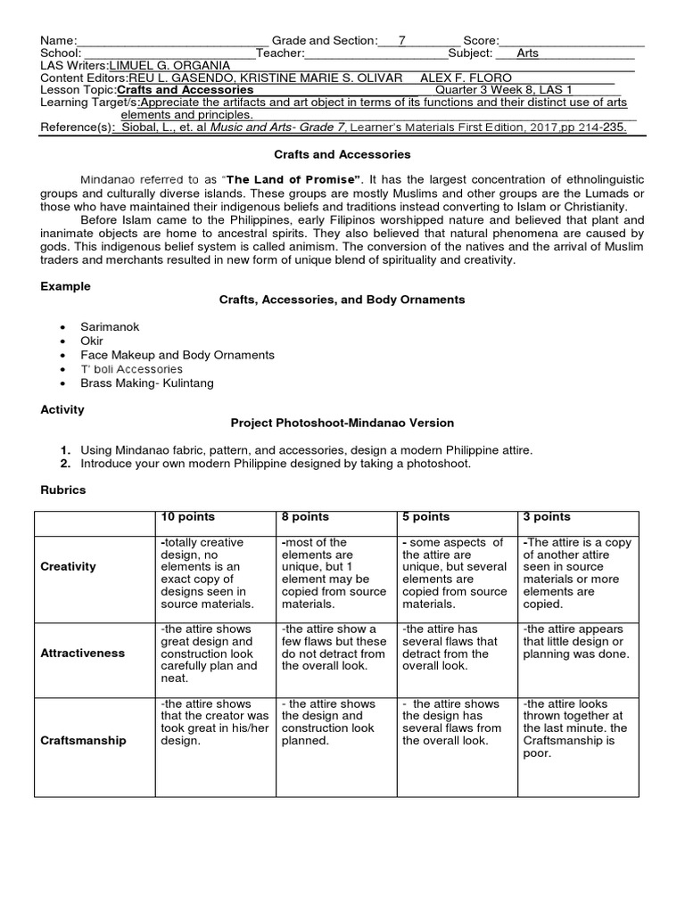 Arts 7 Quarter 3 Week 8 Las #1 | PDF | Clothing | Philippines