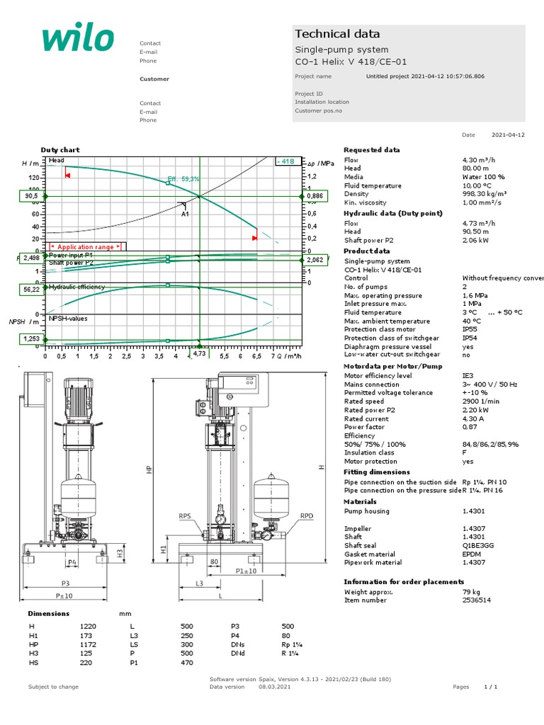 Technical Data: Single-Pump System CO-1 Helix V 418/CE-01 | PDF | Pump ...