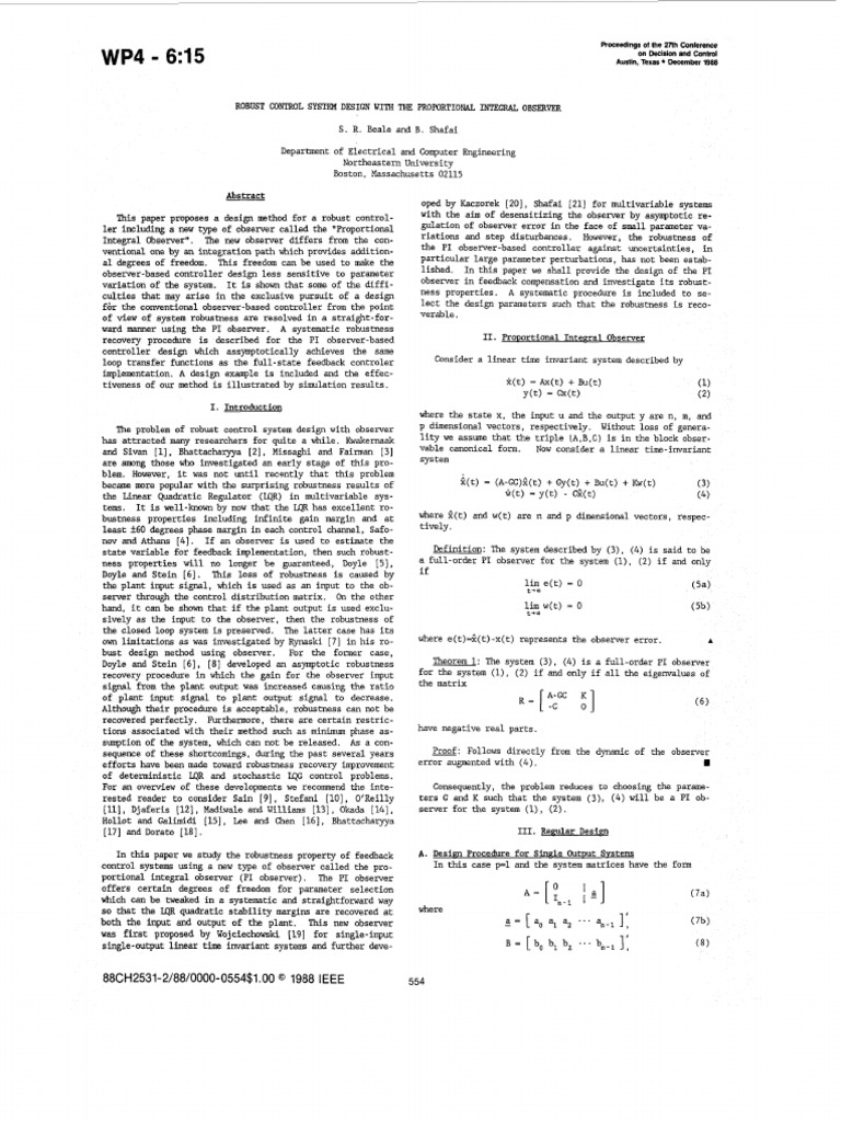 1988 Robust Control Design With Proportional Integral Observer Pdf