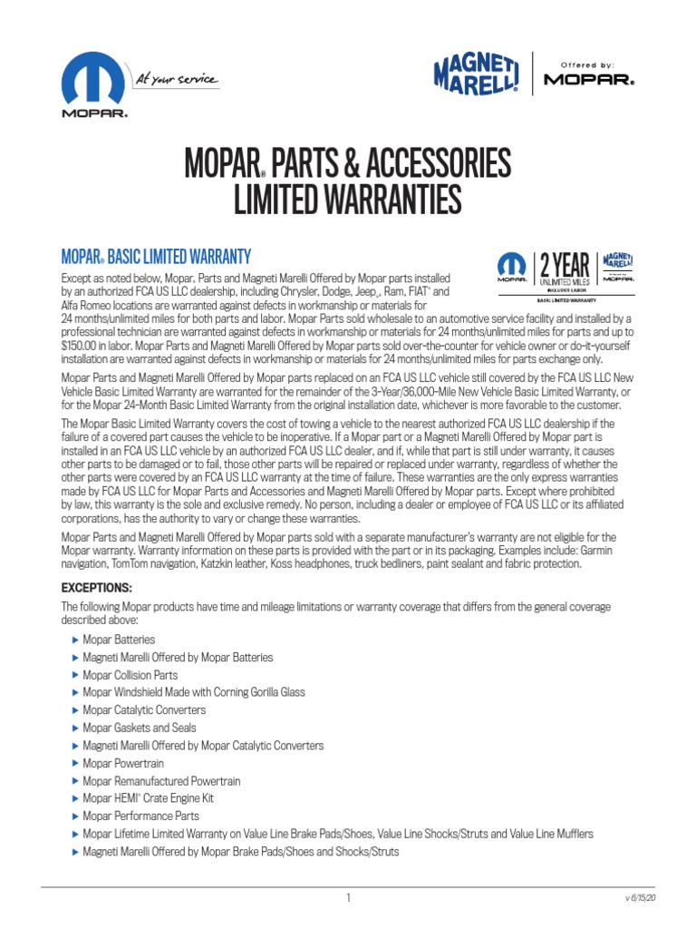 Mopar Parts Accessories Warranty Statement PDF Chrysler Motor Vehicle