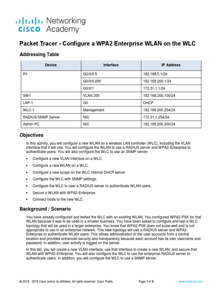 13.3.12 Packet Tracer Configure A Wpa2 Enterprise Wlan On The Wlc Pka File
