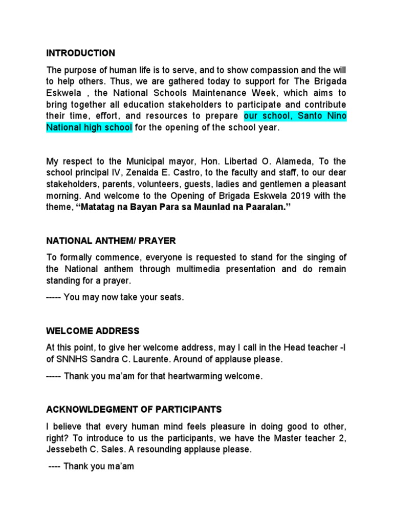 Brigada Eskwela 2025 Emcee Script | PDF | Art