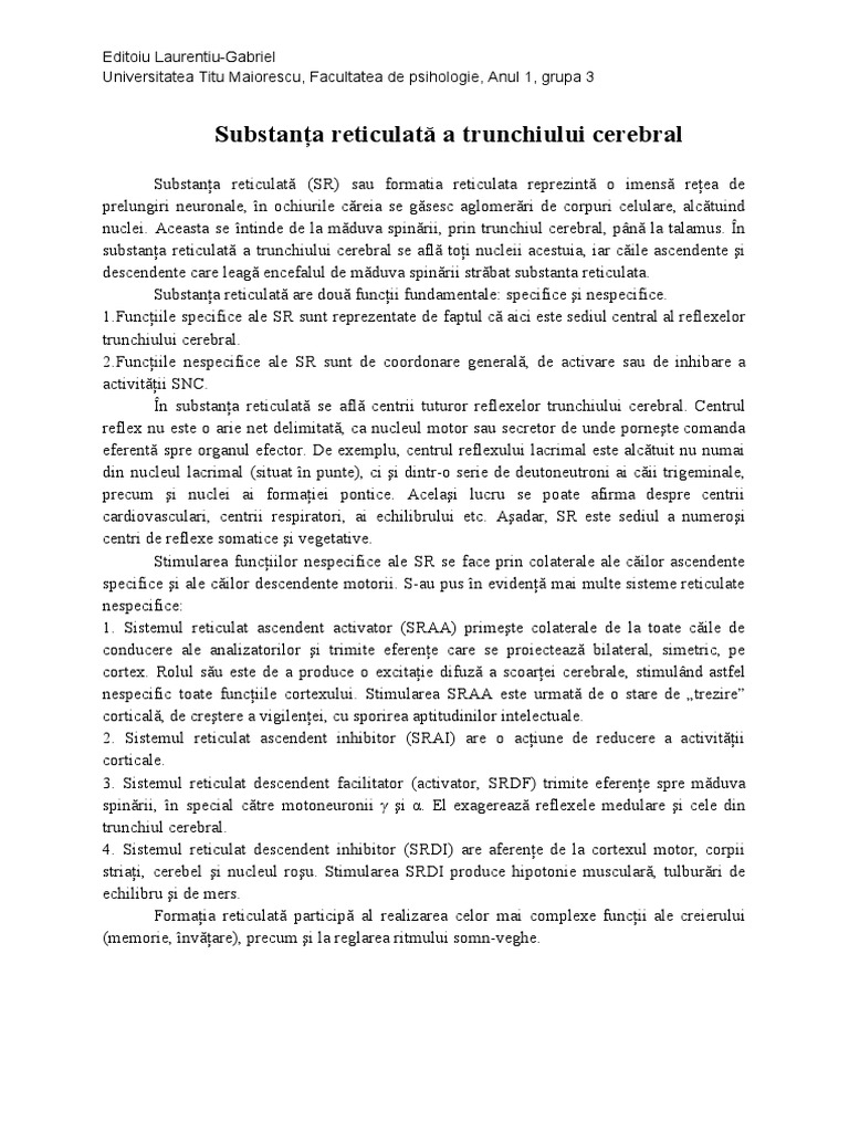 Substanta Reticulata A Trunchiului Cerebral | PDF