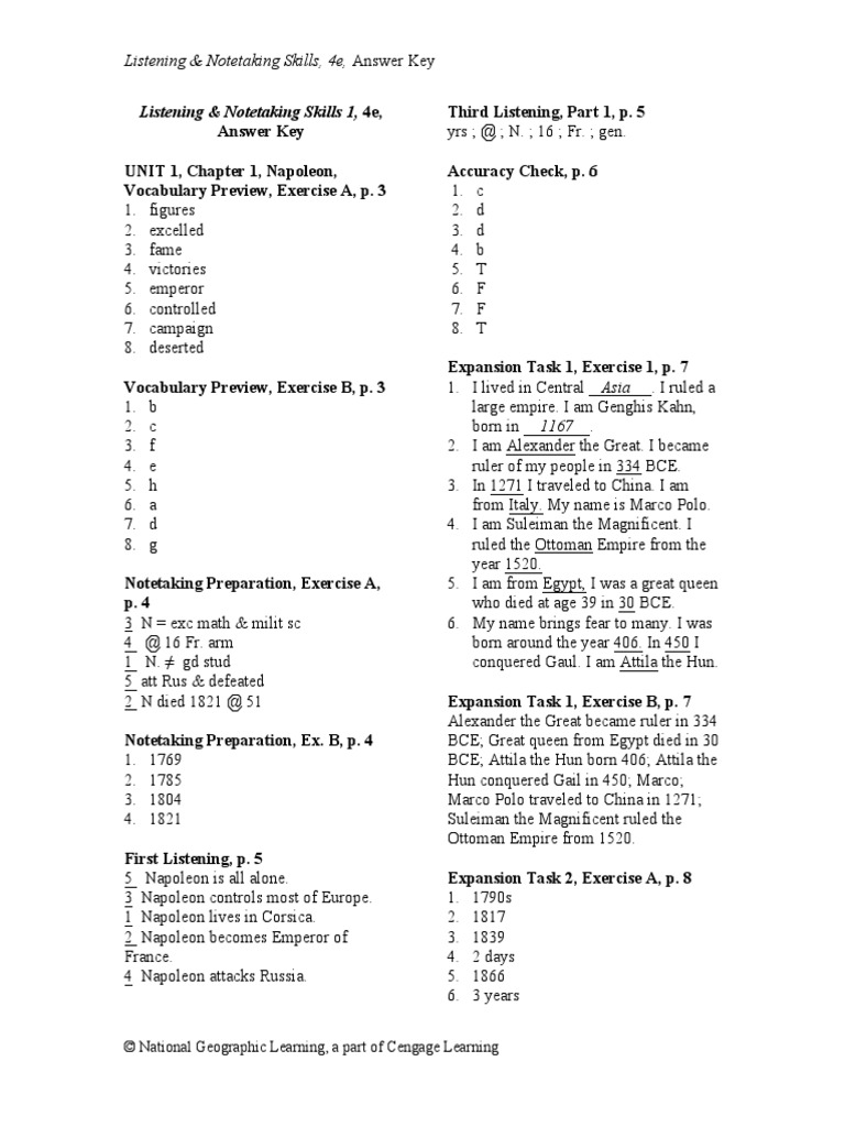 Listening & Notetaking Skills, 4e, Answer Key | PDF