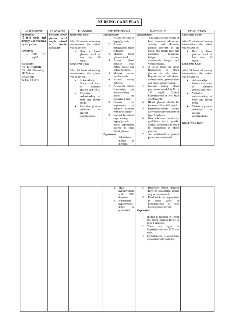 Nursing Care Plan PDF Hypoglycemia Endocrine