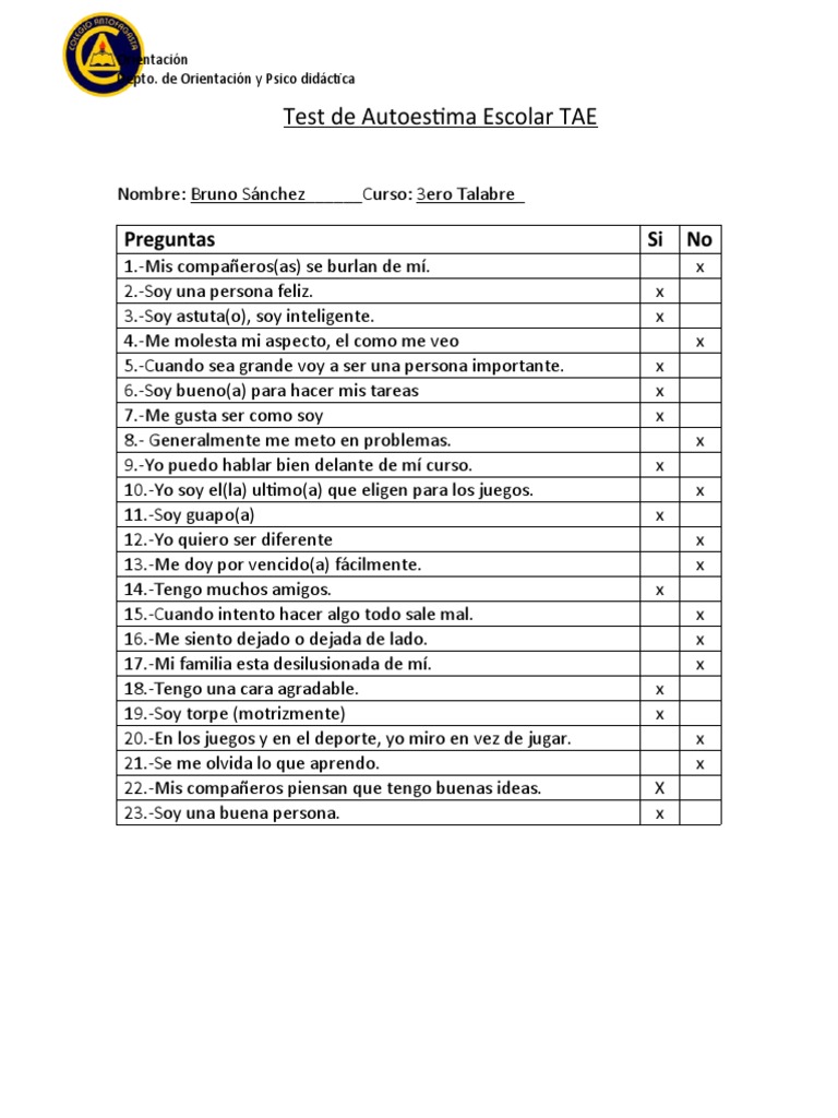 Test de Autoestima Escolar TAE 3° y 4° Básico | PDF