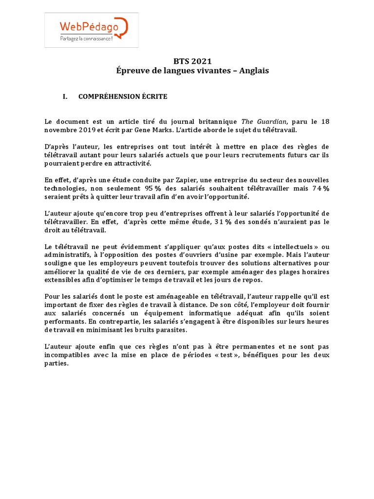Bts Anglais Corrigé 2022