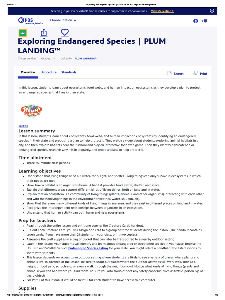 Exploring Endangered Species Plum Landing邃 Pbs Learningmedia Pdf