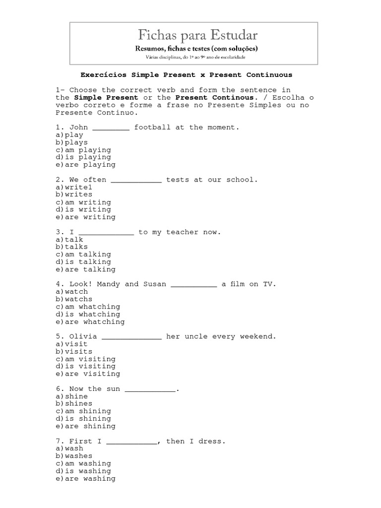 Simple Present vs Present Continuous Exercises | PDF