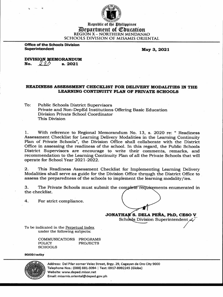 DM - 223 - S - 2021 Readiness Assessment Checklist For Delivery ...