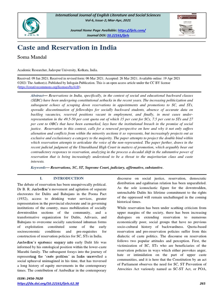 Caste and Reservation in India | PDF | Dalit | Justice