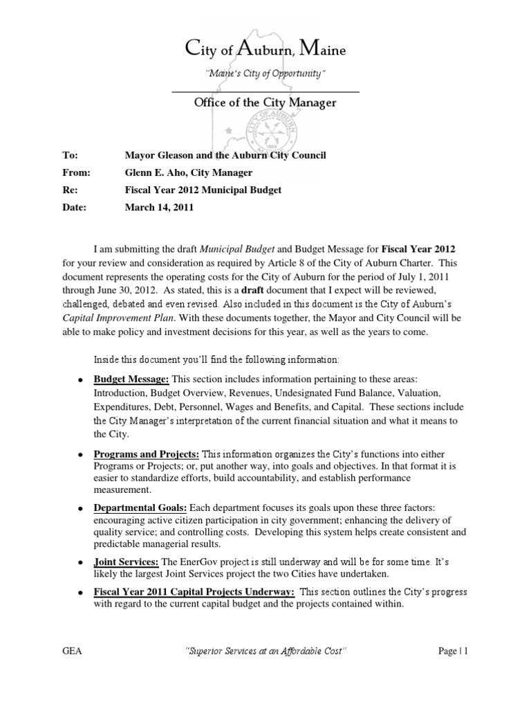 2012 Municipal Budget Message 31411a Tax Revenue Fiscal Policy