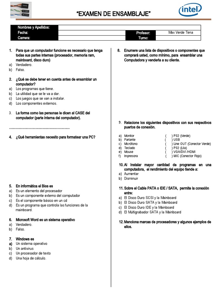Examen de Ensamblaje | PDF | Hardware de la computadora | Microcomputadoras
