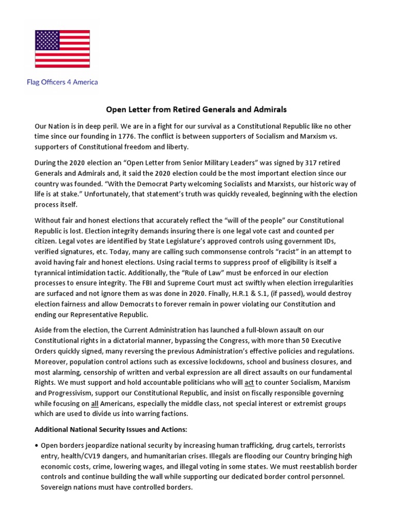 2021 Open Letter From Retired Generals and Admirals 9 May 2021