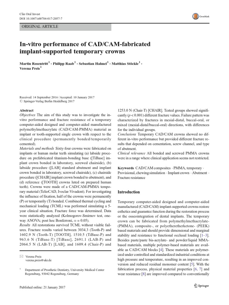 in Vitro Performance of CAD CAM Fabricated Implant Supported Temporary ...